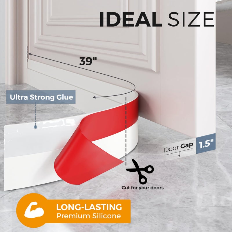 Hojoy 2 Pack Under Door Draft Stopper  Adjustable Door Sweep Anti-Collision Strong Adhesive Weather Stripping Tape Soundproof Draught Stoppers 2"" W x 39"" L  White - Image 2